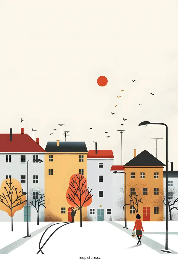 Simple Minimalist Illustration of Colorful Houses in a Snowy Village