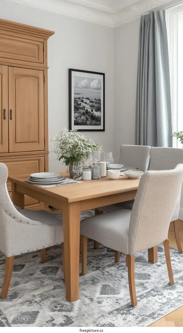 Dining Room with Light Gray Rug and Wooden Table