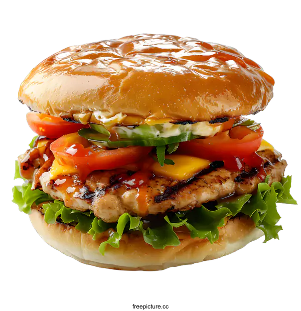 [Transparent Background PNG]A delicious grilled chicken burger with tomato, cheese, and lettuce.
