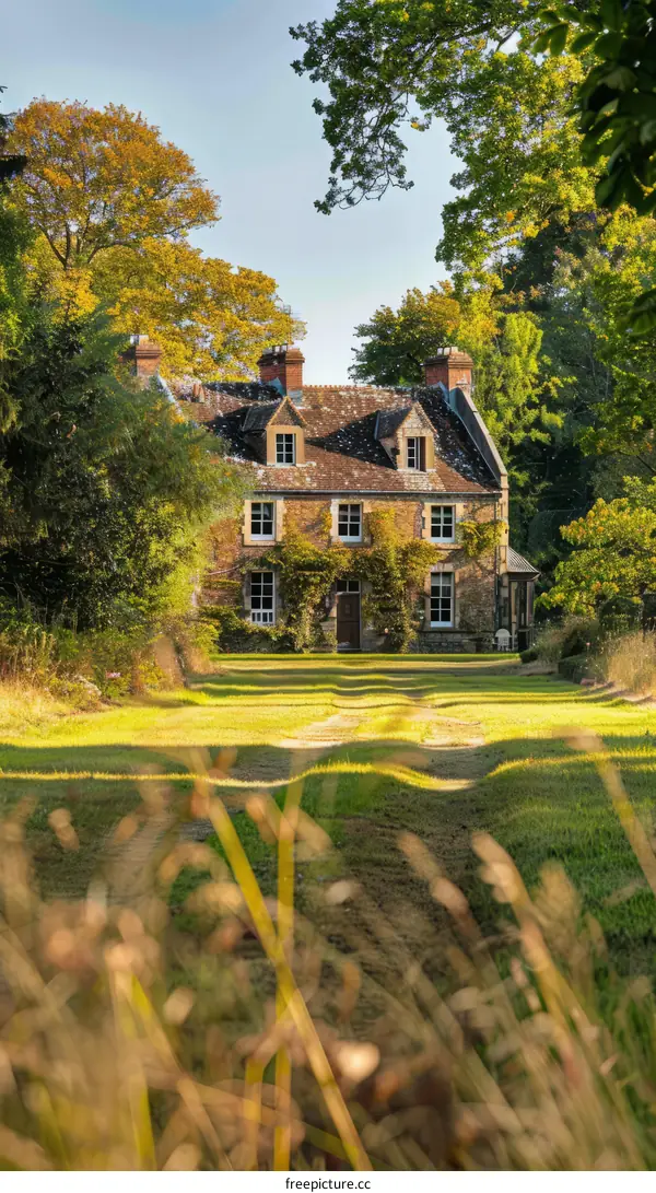 Idyllic English Country House with Large Lawn and Trees