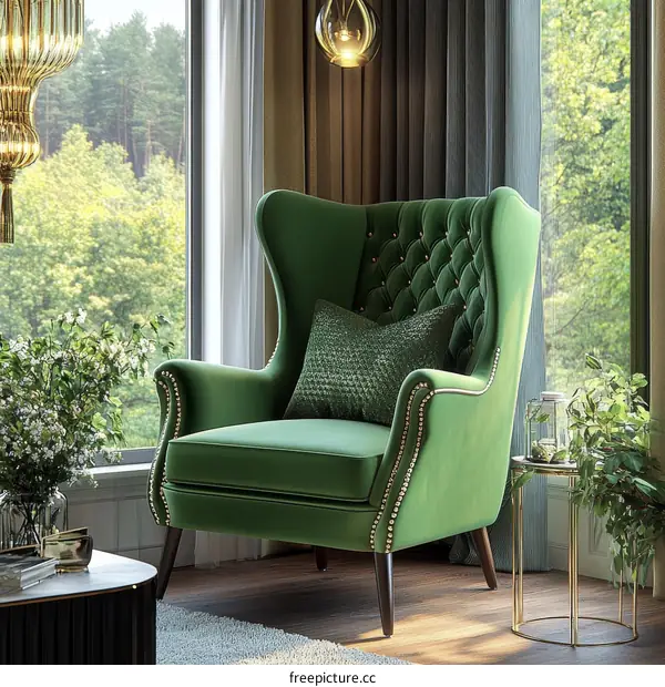 Luxurious Deep Green Wingback Chair in Modern Living Room