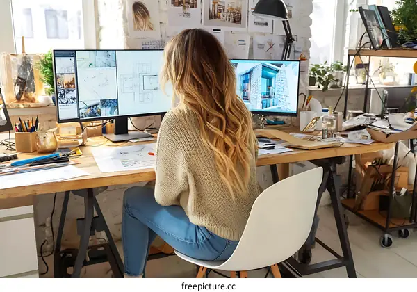 Creative Designer Working on Architectural Designs at Home Office