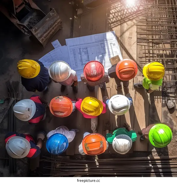 Construction workers wearing hard hats looking at blueprints