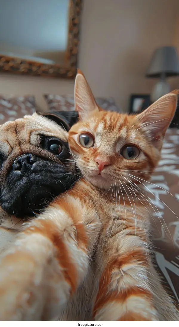Cute Orange Cat and Pug Resting on Bed