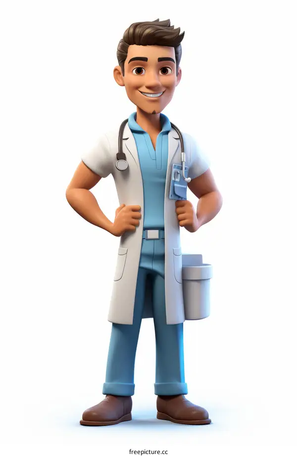 A male doctor with brown hair and brown eyes is wearing a white coat and blue scrubs. He has a stethoscope around his neck and a pen in his pocket.