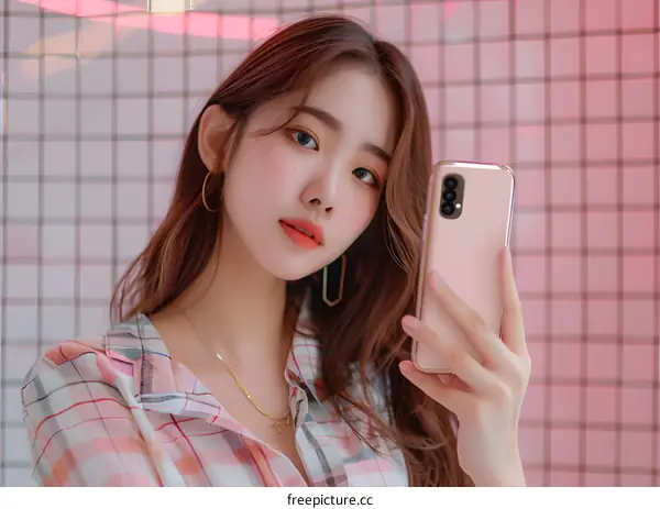 Young Asian Woman Holding a Pink Smartphone