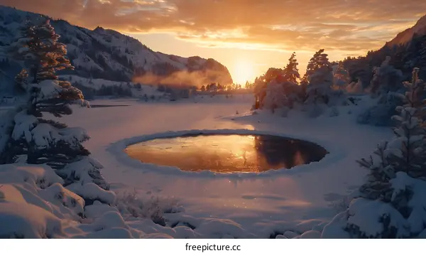 Winter Sunrise Over Snowy Lake and Mountains
