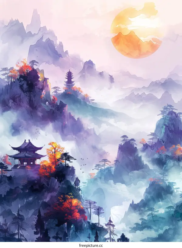 Misty mountain landscape with a pagoda