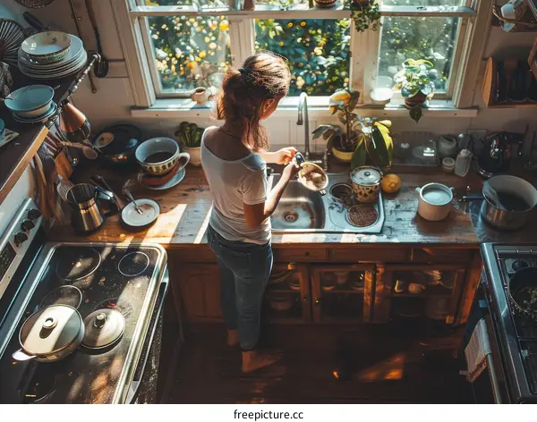 Young woman washing dishes in a cluttered kitchen