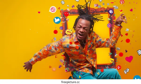 A joyful man with dreadlocks jumping out of a yellow frame