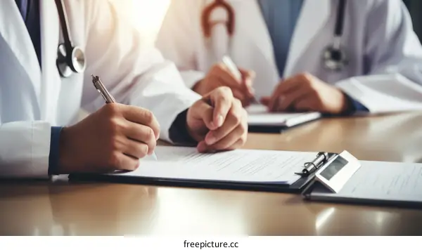 Doctors and nurses discussing medical report