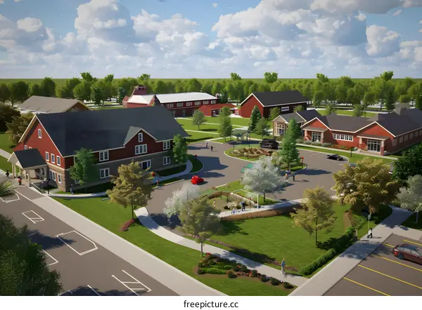 Aerial View of a Red Barn and Green Grass