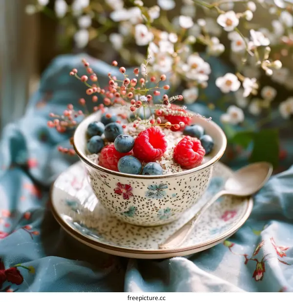 A bowl of blueberries and raspberries with a sprig of flowers on top