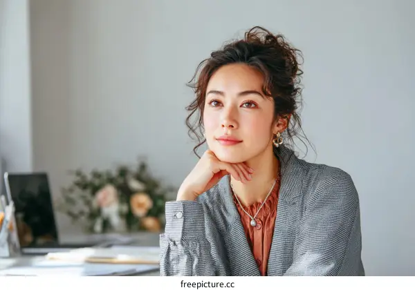 Thoughtful Asian Woman in Stylish Outfit