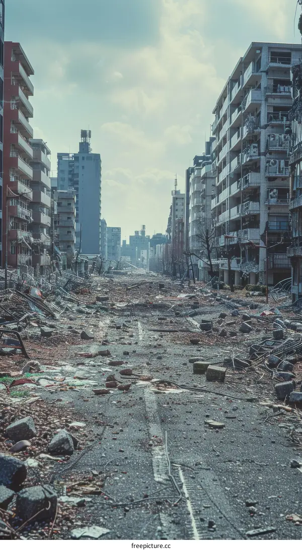 Post-apocalyptic city street with debris and ruined buildings