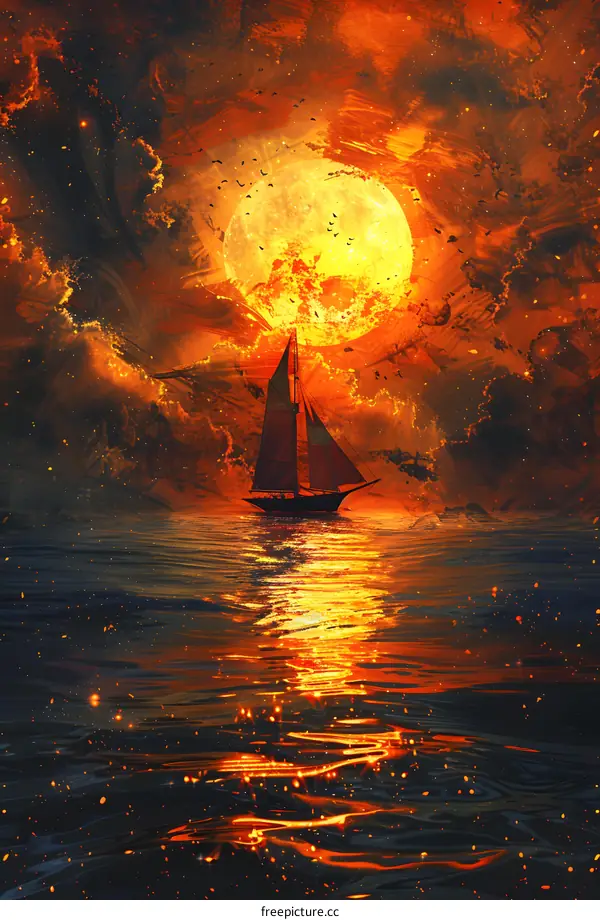 A boat is sailing on the sea under a red moon.