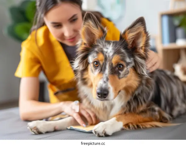 A veterinarian examines an Australian Shepherd dog