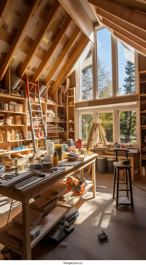 A well organized wood workshop full of natural light