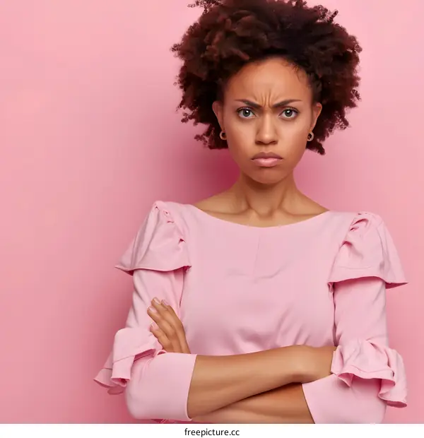 Upset Woman with Crossed Arms on Pink Background