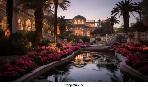 A beautiful mansion with a pool and a garden