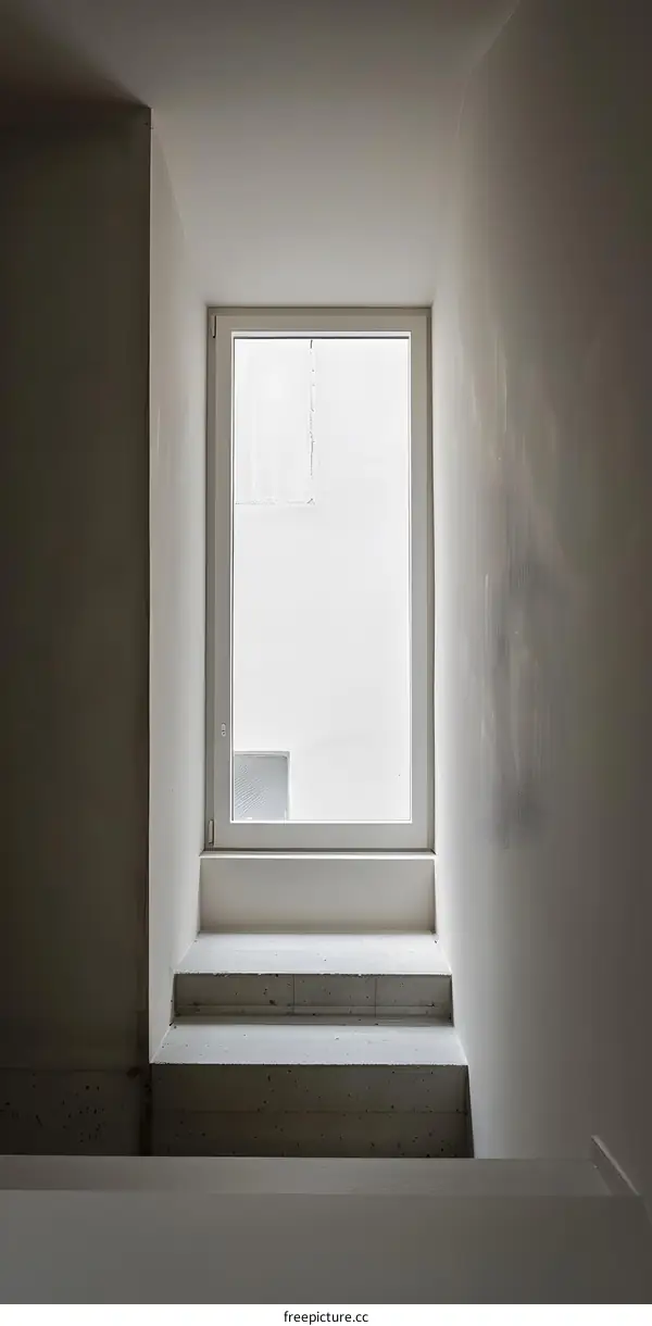 Minimalist White Window with Concrete Steps in a Modern Building