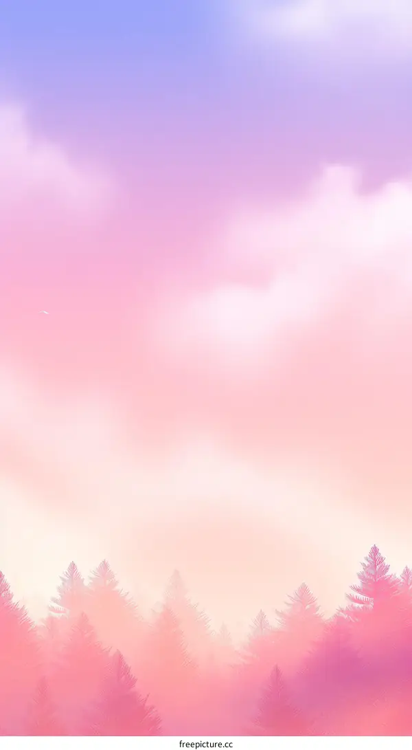 Dreamy pastel sky and foggy forest landscape illustration