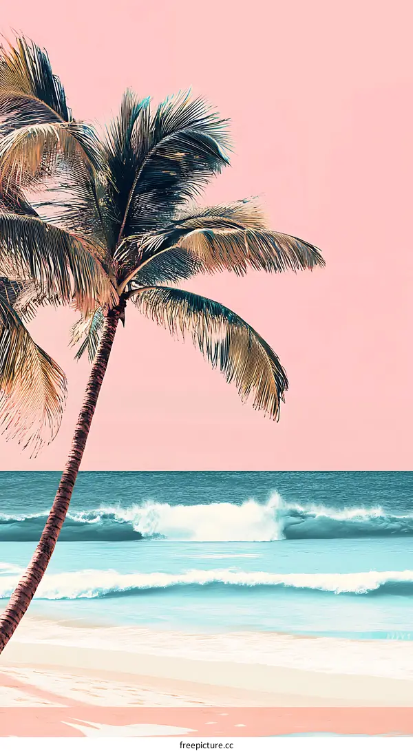 Palm Tree on Pink Sky with Ocean Waves