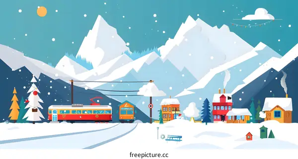 Winter Landscape With Train And Snow Covered Mountains