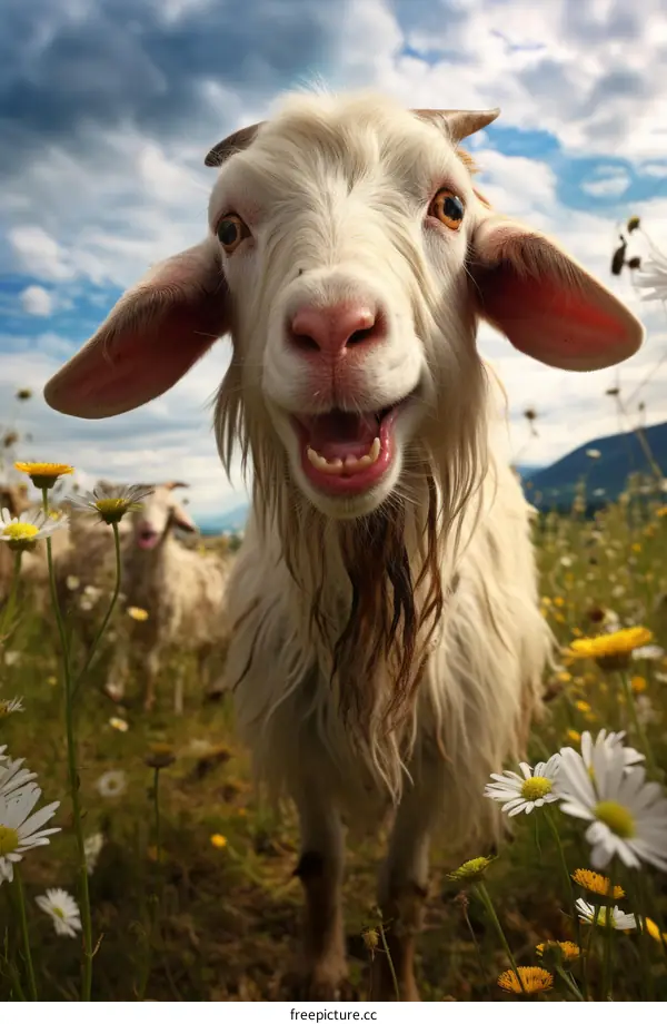 A happy goat stands in a field of flowers