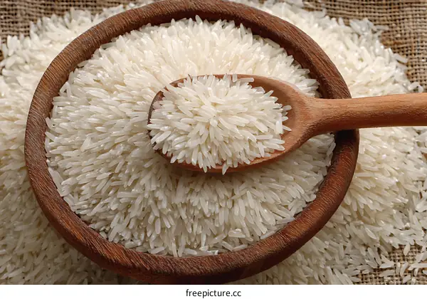 Pile of White Rice in Wooden Bowl and Spoon