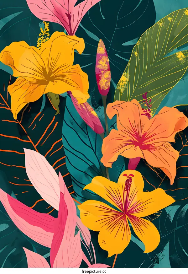 Tropical Floral Illustration With Yellow Flowers and Green Leaves