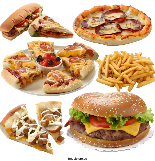 [Transparent Background PNG]Variety of Fast Food Meals on White Background