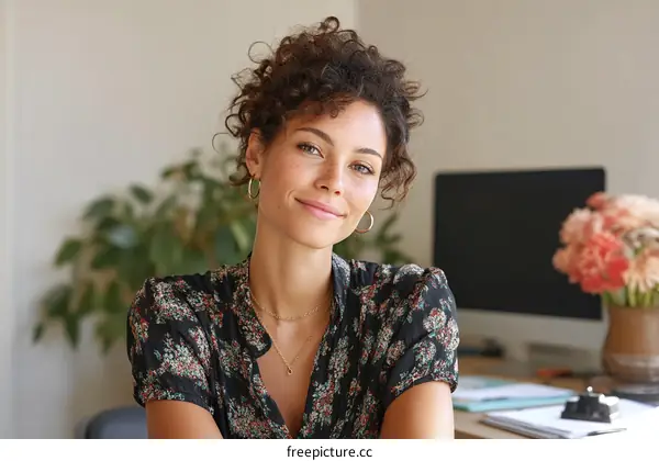 Portrait of a young woman with curly hair in an office setting