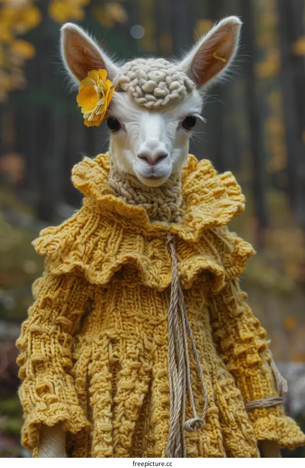 A cute white baby goat wearing a yellow sweater