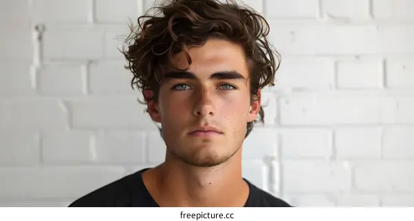 Portrait of a young man with curly brown hair and blue eyes