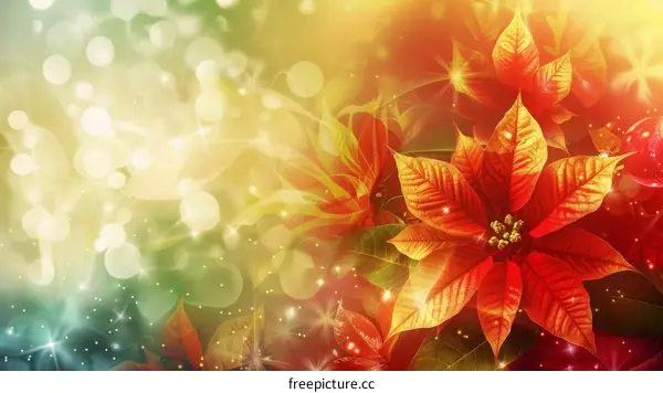 Red poinsettia flowers with green leaves on a blurred background with stars.