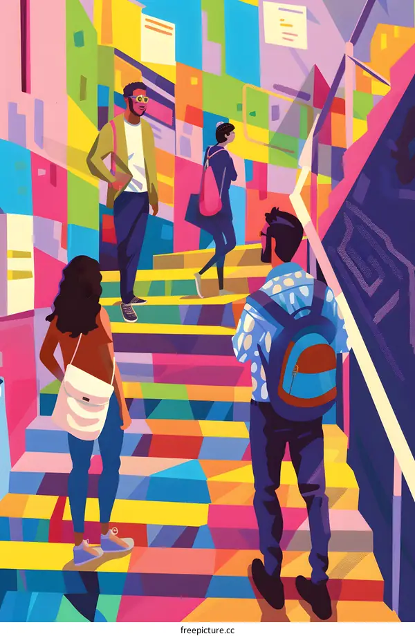 Colorful Stairs With People Walking Up
