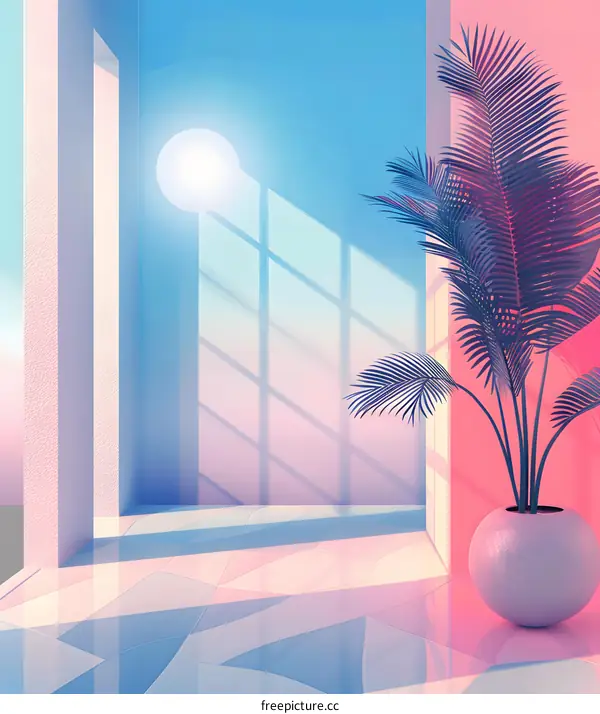 Minimalist Room Interior Design With Palm Tree And Pastel Colors