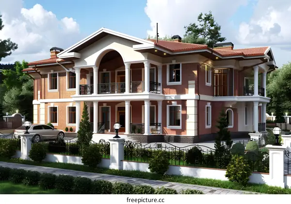 Modern Brick House with Large Windows and Columns