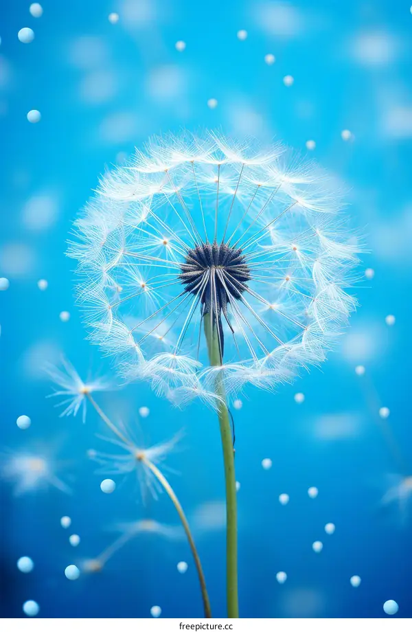 Dandelion seeds floating in the wind
