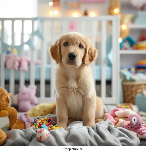 A Golden Retriever Puppy Sits on a Blanket in a Baby's Nursery