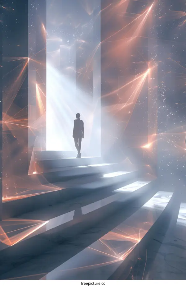 A Person Walking Up Stairs Towards a Bright Light