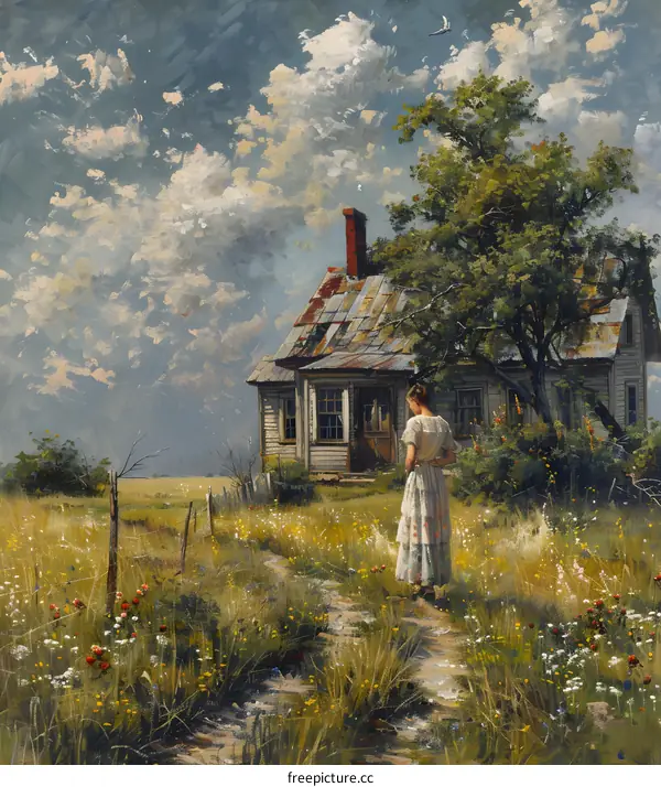 A woman standing in a field of flowers in front of an old house