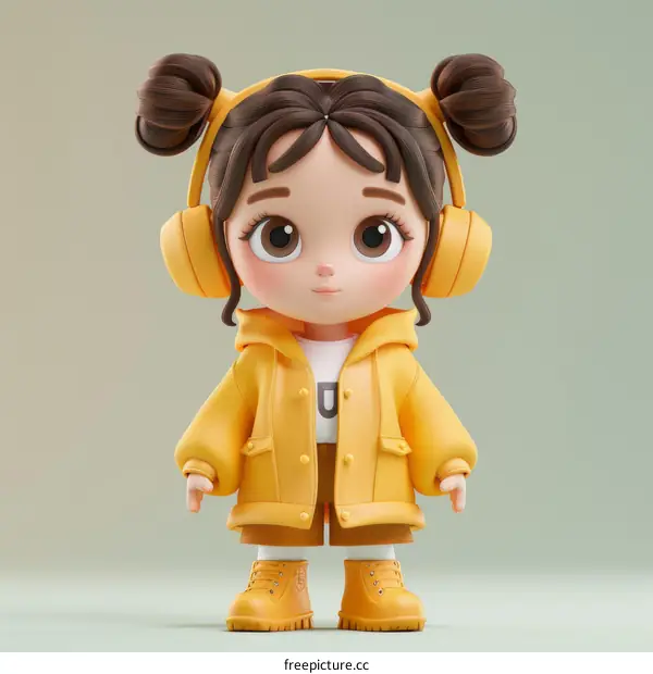 3D rendering of a cute cartoon girl wearing a yellow raincoat and headphones