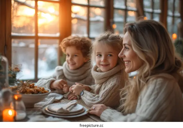 Family of three sitting at a table in front of a window
