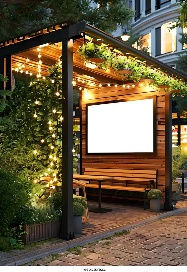 Blank Billboard in Wooden Gazebo with Lights