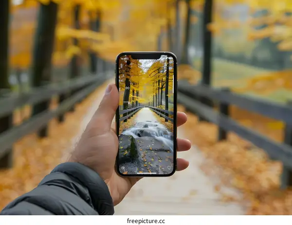 Hand Holding a Phone with Autumn Trees and a Stream