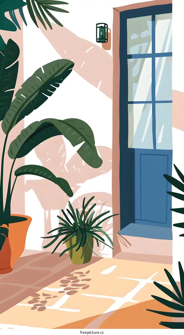 Tropical Plant Illustration with a Blue Door