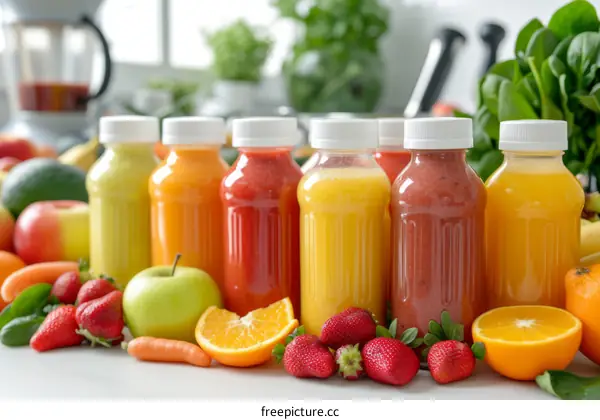 Bottles of fresh fruit and vegetable juices