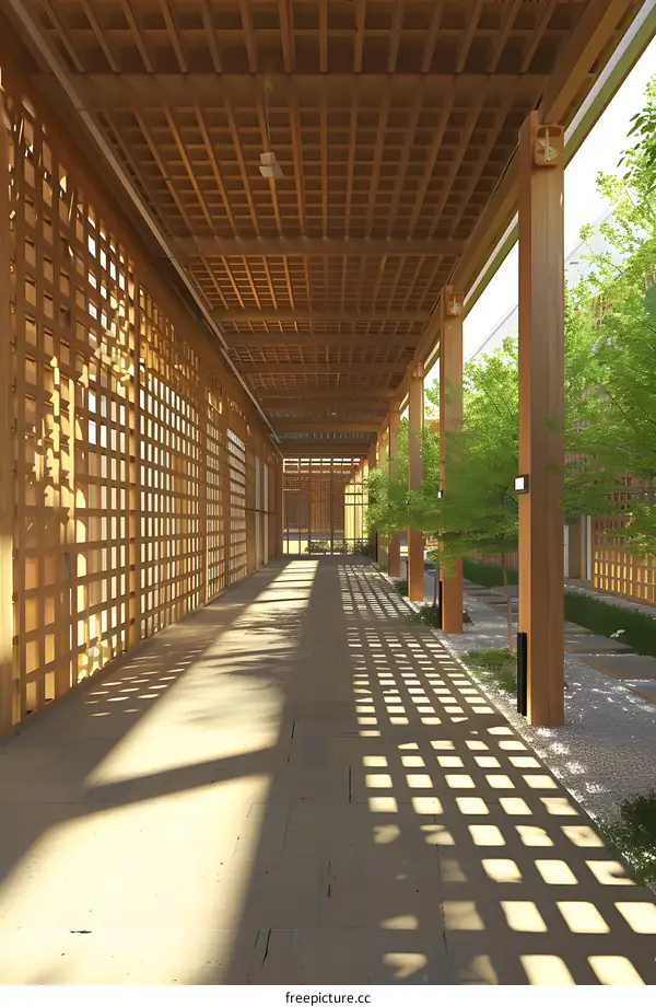 Modern Japanese Architecture  with Wooden Latticework and Sunlight